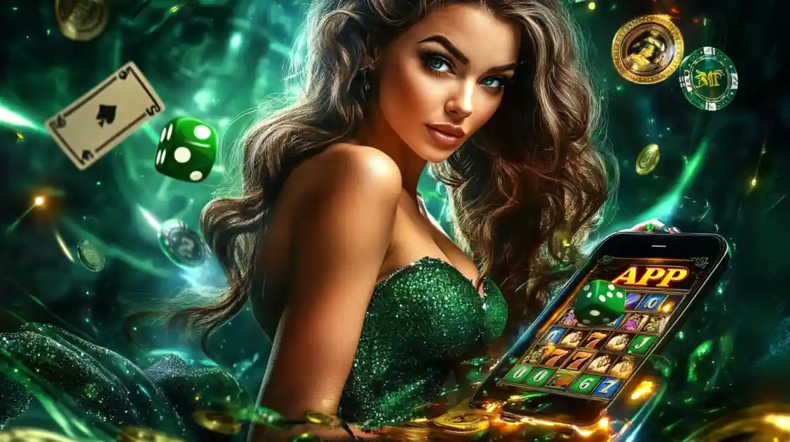 An enchanting woman surrounded by cards, dice, and coins, alongside a smartphone featuring the 777jiLibet gaming app.