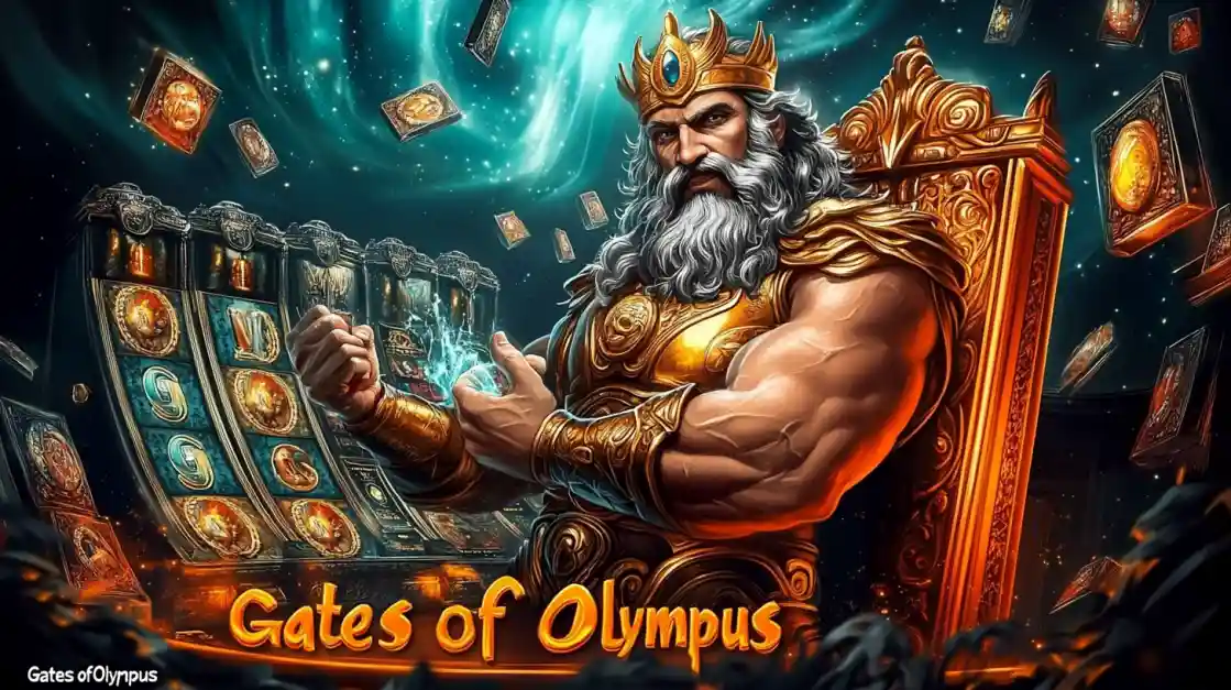 A majestic Zeus figure on a golden throne, surrounded by floating cards and a 777jiLibet slot machine, with Gates of Olympus prominently displayed, inviting players to a mythical gaming experience.