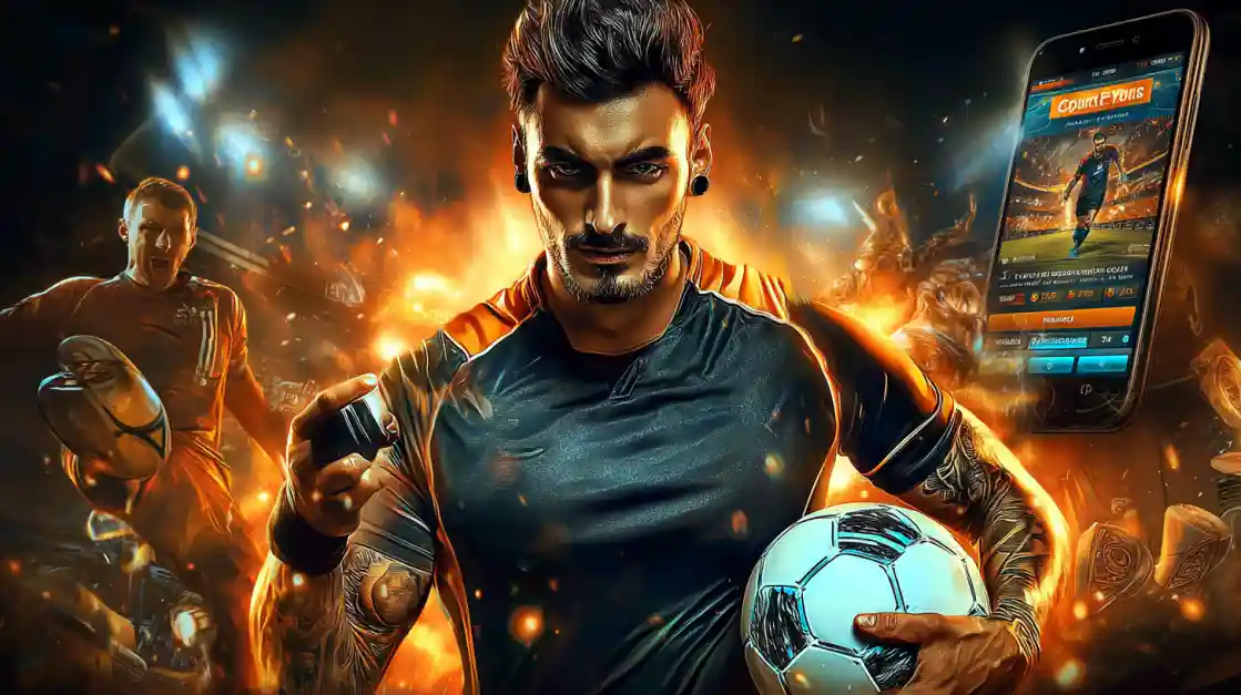 A football player holding a ball with the 777jiLibet sports betting app displayed next to him in an action scene.