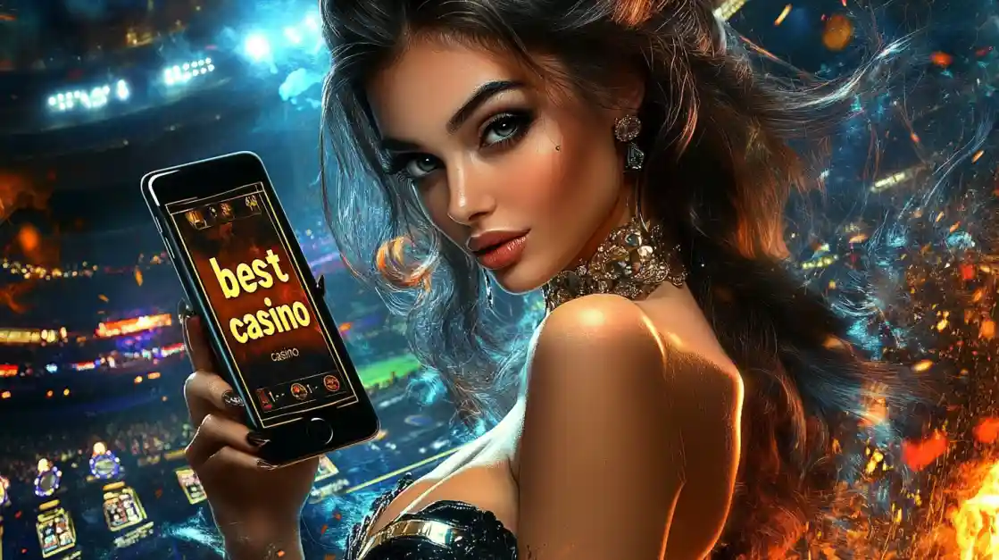 A woman holding a phone showcasing the 777jiLibet casino app in a vibrant stadium-like setting.
