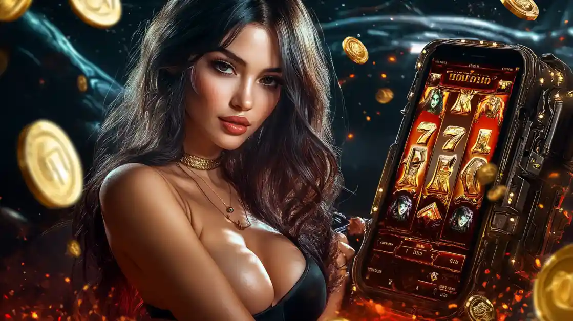 A confident woman holds a smartphone displaying a 777jiLibet mobile slot game with 777 symbols and golden coins.