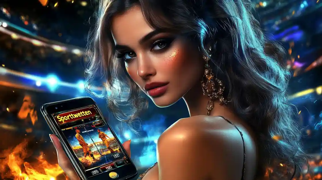 A glamorous woman holding a smartphone showing the 777jiLibet sports betting app in front of a stadium backdrop.